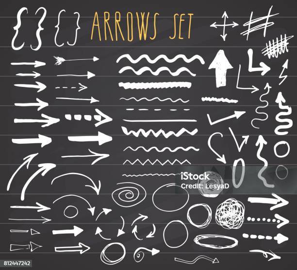 Arrows Dividers And Borders Elements Hand Drawn Set Vector Illustration On Chalkboard Background Stock Illustration - Download Image Now