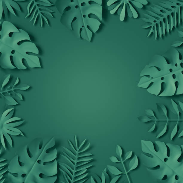 istock 3d render, tropical paper leaves, blue scene background, jungle, frame 812451706
