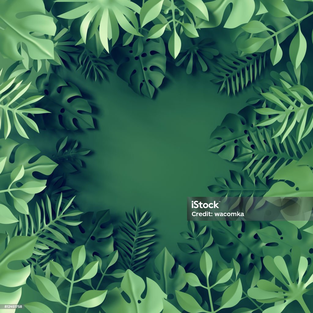 3D Render, tropischen Papier Blätter, blaue Szenenhintergrund, Dschungel, Rahmen - Lizenzfrei Blatt - Pflanzenbestandteile Stock-Foto