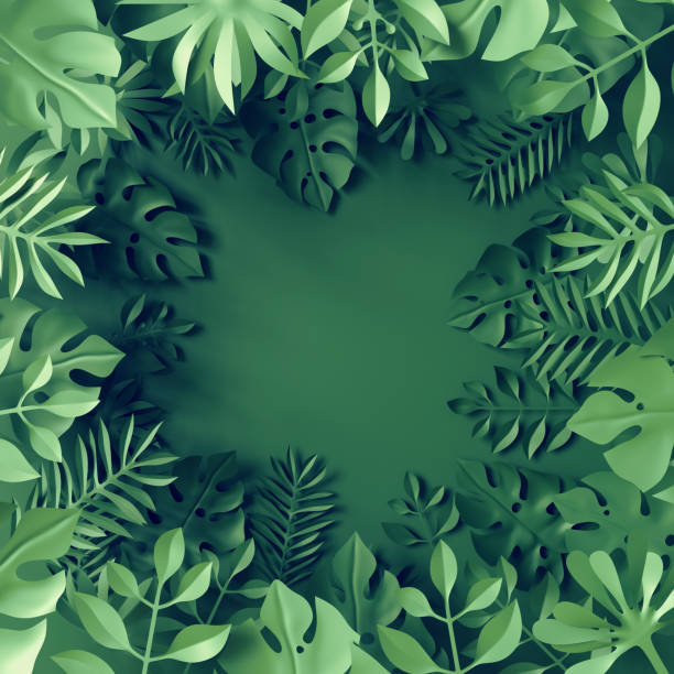 3d render, tropical paper leaves, blue scene background, jungle, frame - three dimensional shadow digitally generated image pattern imagens e fotografias de stock