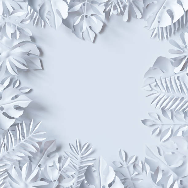 istock 3d render, tropical paper leaves, jungle wallpaper, square frame, white background 812452024