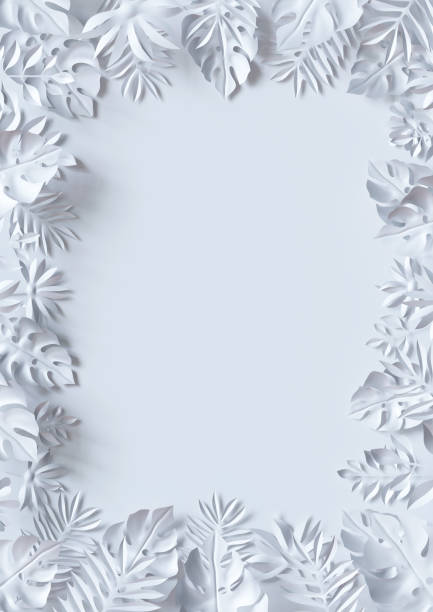 3d render, tropical paper leaves, jungle wallpaper, square frame, white background