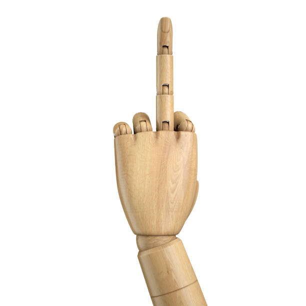 istock 3d render, digital illustration, wooden dummy hand, pointing finger, isolated on white background 812454948
