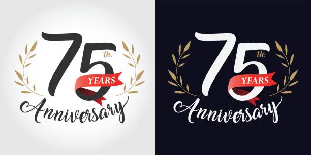 75 years, 75th anniversary, number, hand writing, and red ribbon. vintage style 75 years, 75th anniversary, number, hand writing, and red ribbon. vintage style 75th anniversary stock illustrations