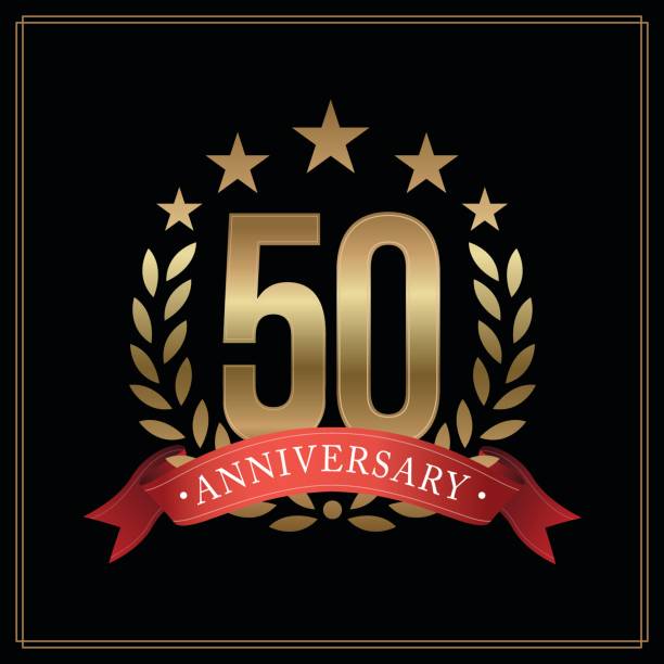 50 years golden anniversary icon, with star, red ribbon, and  laurel wreath isolated on black background, vector design 50 years golden anniversary icon, with star, red ribbon, and  laurel wreath isolated on black background, vector design 150th anniversary stock illustrations