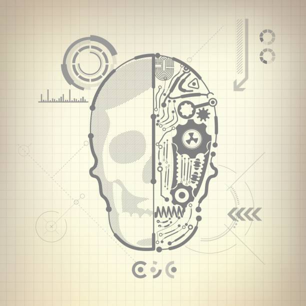 skull concept of buleprint of A.I. invention, robot brain and skull diagram human brain parts and functions diagram backgrounds stock illustrations