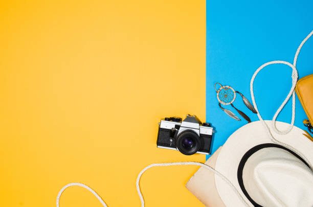 istock Travel accessories top view on colorful background with copy space 812466522