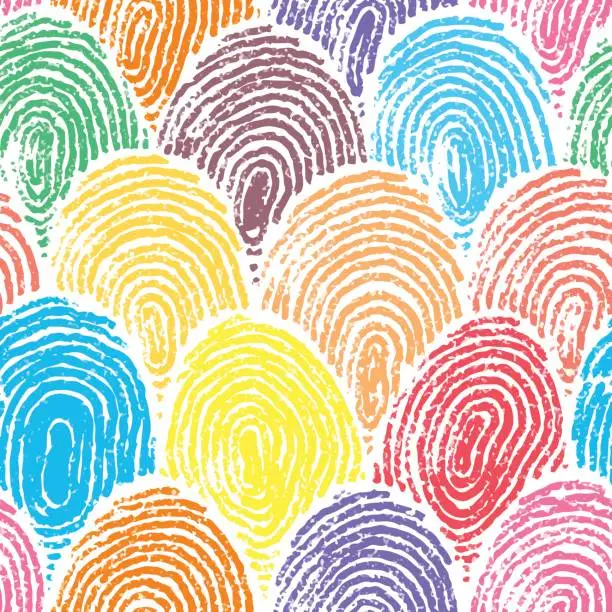 Vector illustration of Colorful doodle fingerprint drawing seamless background.
