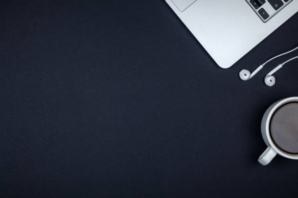 istock Minimal home office desk. Top view shot. Freelancer workplace concept 812475090
