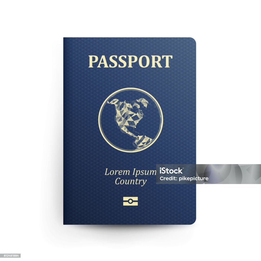 Passport With Map. Realistic Vector Illustration. Blue Passport With Globe. International Identification Document. Front Cover. Isolated Passport With Map. Realistic Vector Illustration. Blue Passport With Globe. International Identification Document. Front Cover Passport stock vector
