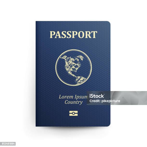 Passport With Map Realistic Vector Illustration Blue Passport With Globe International Identification Document Front Cover Isolated Stock Illustration - Download Image Now