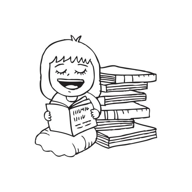 illustrations, cliparts, dessins animés et icônes de dessin animé petite fille profitant de livre de lecture. - girl5