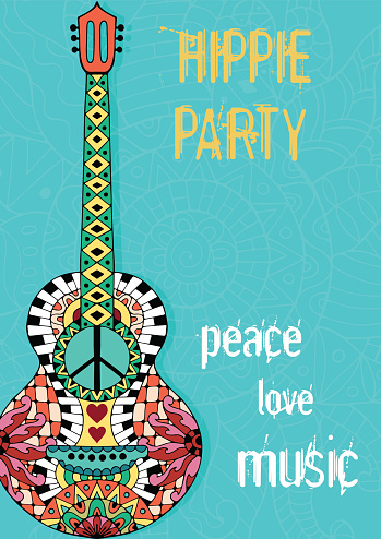 Hippie party poster. Hippy background with acoustic guitar. Gypsy ornamental design. Pacifism pattern. Illustration in ornamental style.