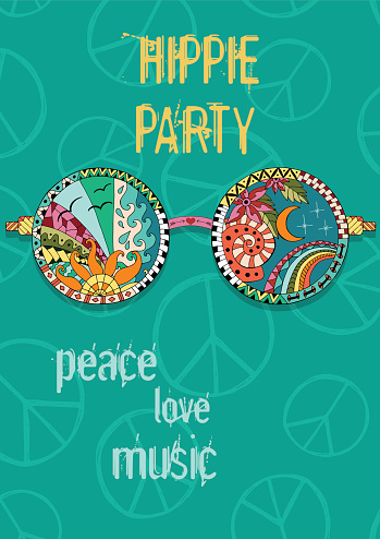 Hippie party poster. Hippy background with sun glasses. Gypsy ornamental design. Pacifism pattern. Illustration in ornamental style.