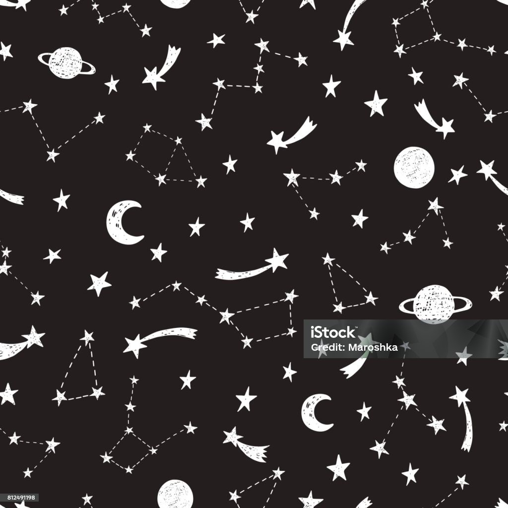 Stylized night sky seamless pattern. Stylized night sky seamless pattern with shining stars, constellations, planets, meteorites. Dark hand drawn background. Abstract stock vector