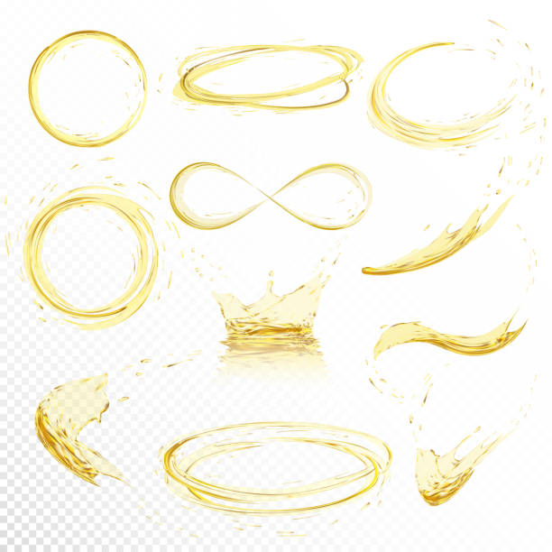 オイルは、白い背景で隔離のしぶき。グラデーション メッシュで作成したドロップで現実的な黄色の液体。ベクトル図を設定します。 - 食用油点のイラスト素材／クリップアート素材／マンガ素材／アイコン素材