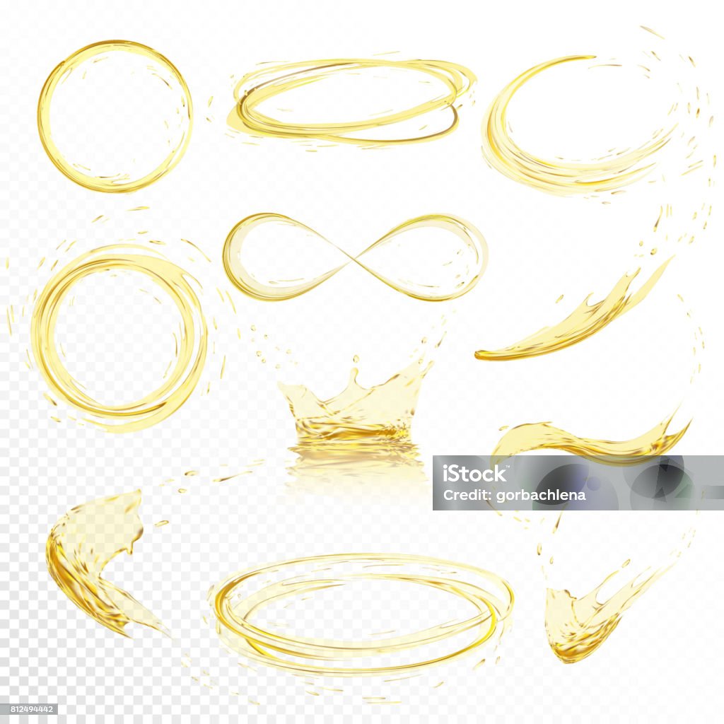 Oil splashing isolated on white background. Realistic yellow liquid with drop created with gradient mesh. Vector illustration set. Splashing stock vector