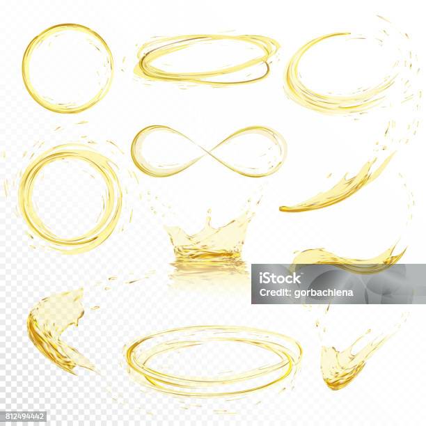 Oil Splashing Isolated On White Background Realistic Yellow Liquid With Drop Created With Gradient Mesh Vector Illustration Set Stock Illustration - Download Image Now