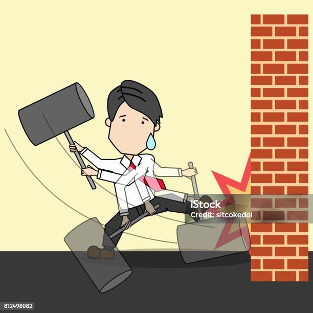 Angry Barriers Businessman Destroying Barriers Stock Illustration - Download Image Now ...