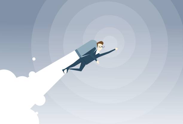 istock Business Man With Jet Pack Project Successful Startup Flying Businessman 812498176