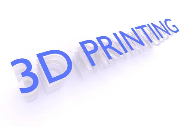 3D Printing, words in blue letters on white background, 3d rendering
