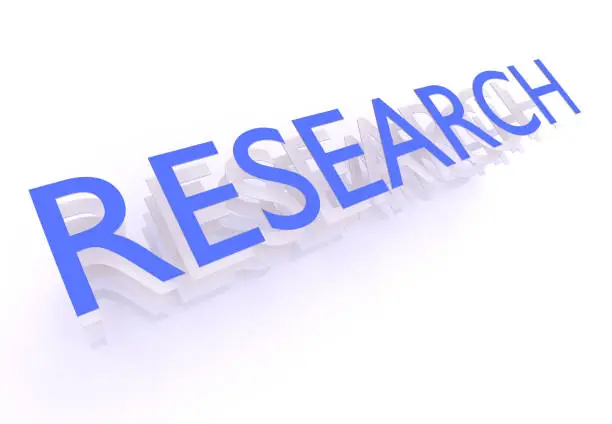 Research, word in blue letters on white background, 3d rendering