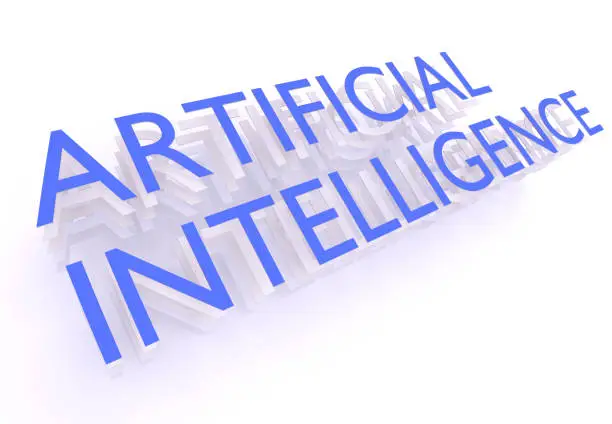Artificial Intelligence, words in blue letters on white background, 3d rendering