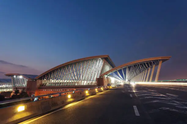 Shanghai Pudong International Airport at night.