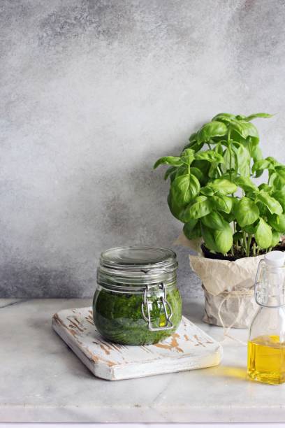 Pesto. Fresh homemade basil pesto. Selective focus