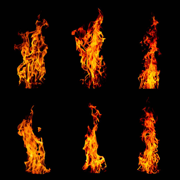 ogień płomień izolowany zestaw na czarnym izolowanym tle - piękny żółty, pomarańczowy i czerwony i czerwony płomień płomień stylu tekstury. - fireball orange flame burnt zdjęcia i obrazy z banku zdjęć