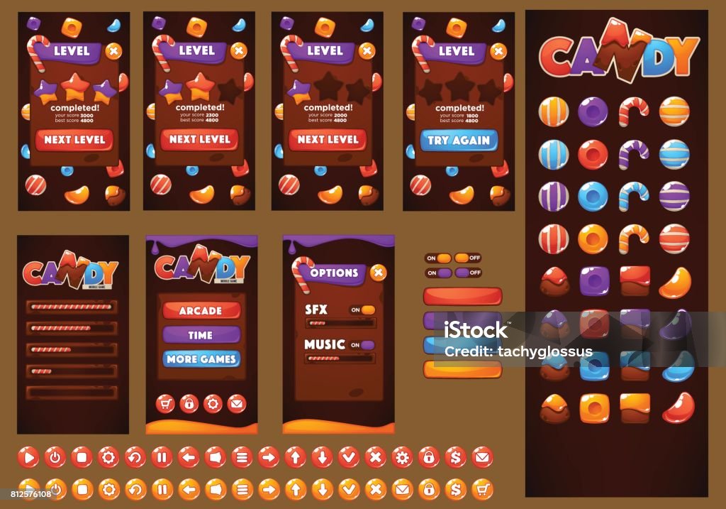 Sweet, glossy and fun, Candy and Chocolate Sweet, glossy and fun, Candy and Chocolate, bubble shooter, match 3, arcade, mobile game asset Leisure Games stock vector