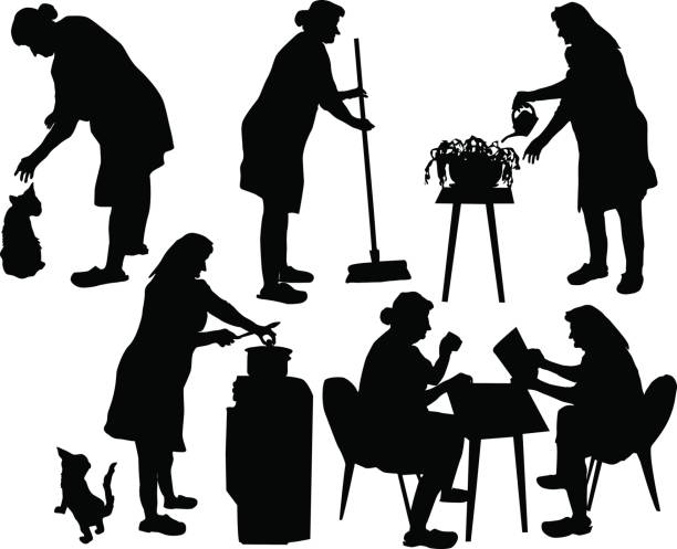 Silhouettes of grandmother taking care of household and relaxing Six silhouetters of old lady with a cat, flowers, cooker and broom cooking silhouettes stock illustrations