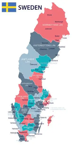 Vector illustration of 15 - Sweden map - Green Pink Gray 10