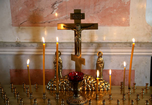 istock The candle flame in orthodox church, selective focus, closeup 812603766