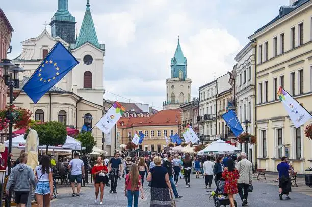 LUBLIN, POLAND- 07 july 2017- city center with UE flags