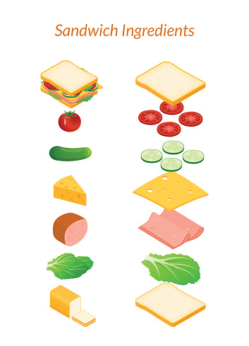Vector illustration. Sandwich with ingredients sliced and whole. Vegetables - tomato, cucumber, salad. Cheese, ham. Isometry, 3D.