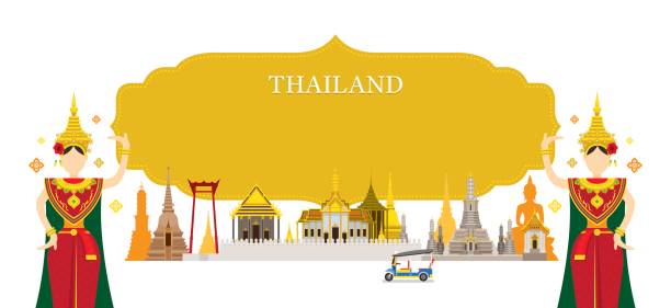 illustrazioni stock, clip art, cartoni animati e icone di tendenza di thailandia punti di riferimento, danza tradizionale, cornice - bangkok thailand rickshaw grand palace