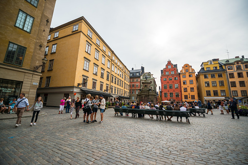 Stockholm, Sweden - August 5, 2016: Famous Stortorget Square with tourists, Stockholm, Sweden