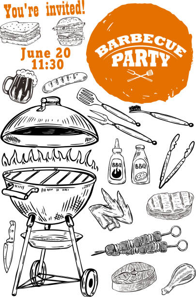 illustrazioni stock, clip art, cartoni animati e icone di tendenza di modello di invito per barbecue party. elementi di design bbq e grill disegnati a mano. illustrazione vettoriale - cooked chicken sketching roasted