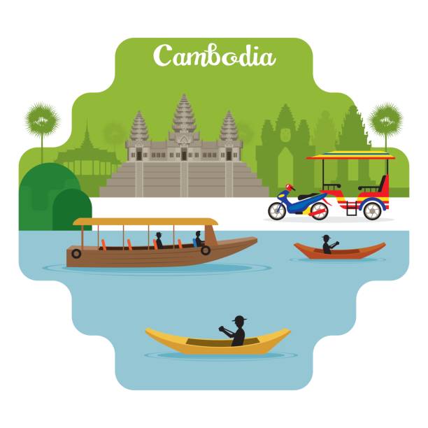 Cambodia Travel and Attraction Landmarks Famous Place, Cityscape, Lake and Land angkor wat stock illustrations