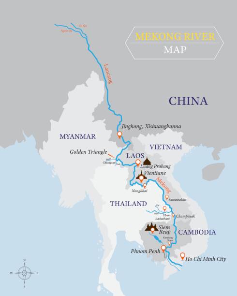 mekong river karte mit land und city-lage - laos stock-grafiken, -clipart, -cartoons und -symbole