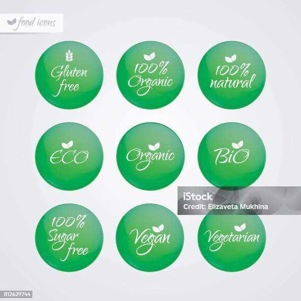 Organic Gluten Sugar Free Eco Bio Vegan Vegetarian Eco Bio Natural Label Food Logo Icons Vector Green And White Sticker Signs Isolated Illustration Symbol For Product Packaging Healthy Eating Stock Illustration - Download Image Now