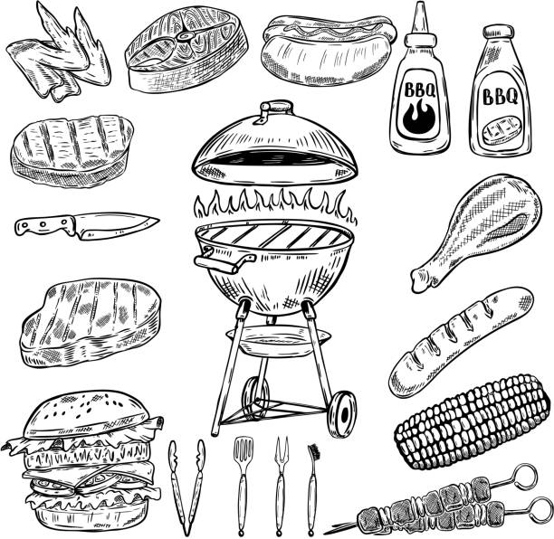 ilustrações de stock, clip art, desenhos animados e ícones de set of hand drawn grill and bbq design elements. elements for poster, restaurant menu. vector illustration - barbecue chicken illustrations