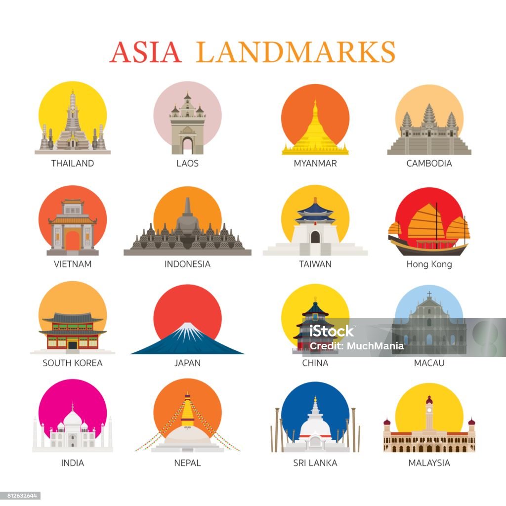 Asien-Sehenswürdigkeiten-Architekturgebäude Icons Set - Lizenzfrei Sehenswürdigkeit Vektorgrafik
