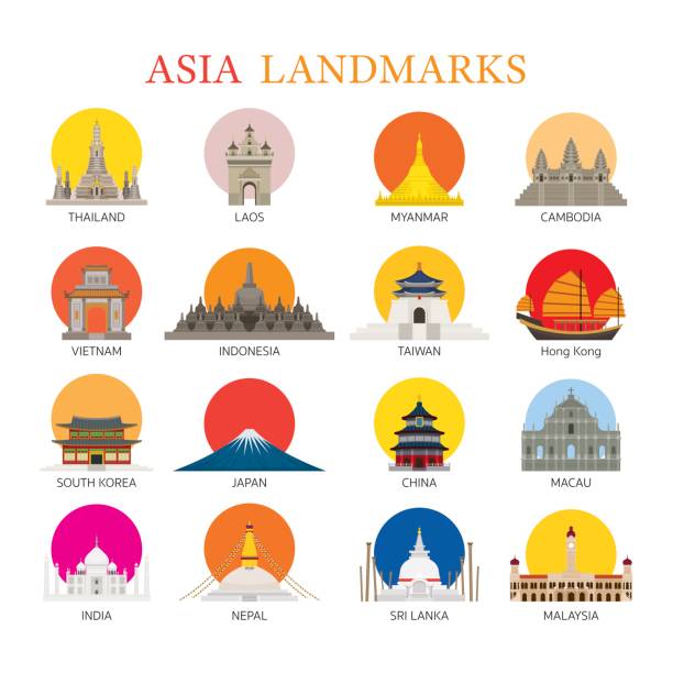 Asia Landmarks Architecture Building Icons Set Famous Place, Travel and Tourist Attraction asia landmarks stock illustrations