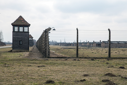 Museum Auschwitz - Holocaust Memorial Museum. Barbed wire around a concentration camp. Shed guard in the background.