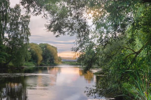 Evening twilight over the river.Beautiful peaceful landscape.