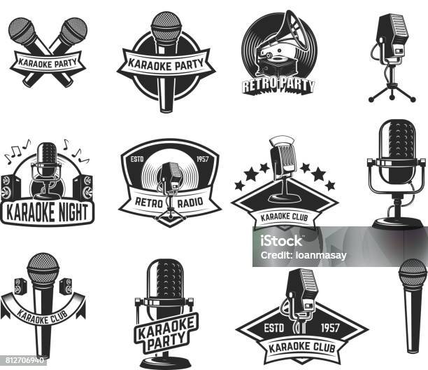 Set Of Karaoke Party Labels Vintage Microphone Gramophone Design ...