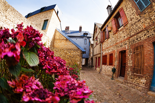 Medieval cobblestone paved street in the old town of Honfleur with houses made out of brick