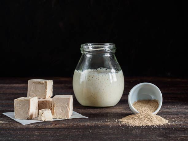 istock Fresh pressed yeast, dry instant yeast and active wheat sourdough starter on wooden table 812727032
